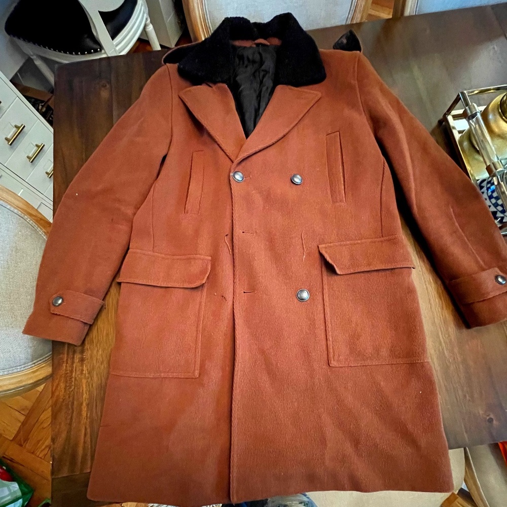 Heavy brown wool and black sherpa peacoat